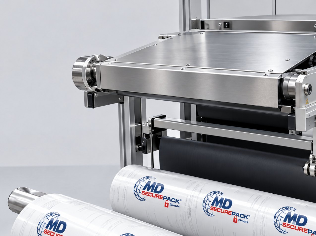 Bedruckte COEX-Folienrollen mit MD SECUREPACK Logo an einer automatisierten Verpackungsanlage