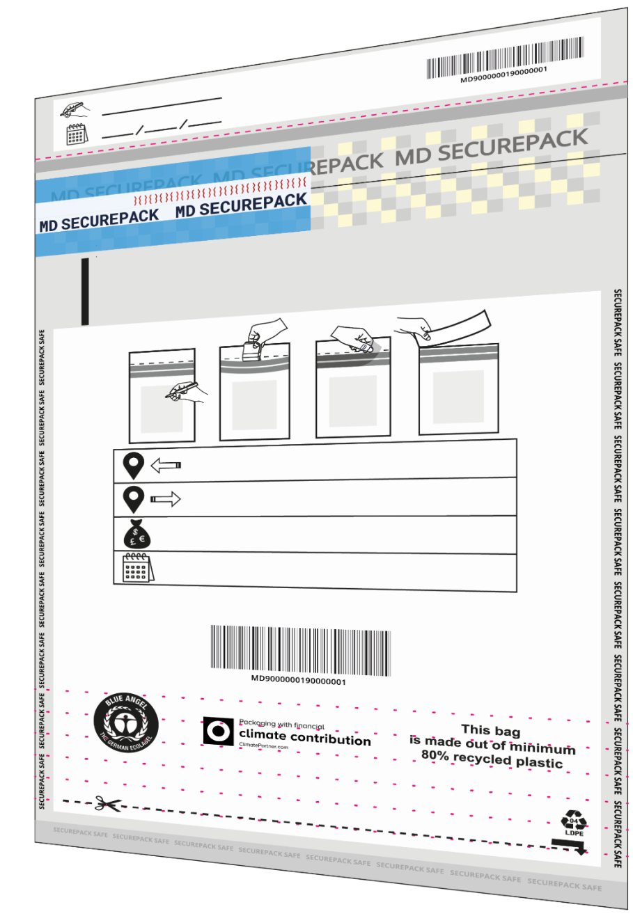 Illustration einer MD SECUREPACK Safebag mit markierten Sicherheitsmerkmalen