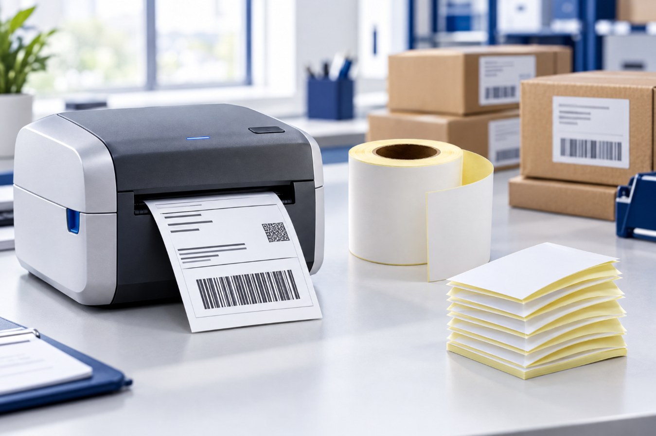 Thermodrucker druckt ein Versandetikett am Packplatz, daneben Etikettenrolle und Leporello-Etiketten